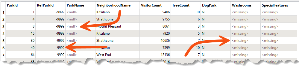 Missing and null values in the Visual Preview Table view